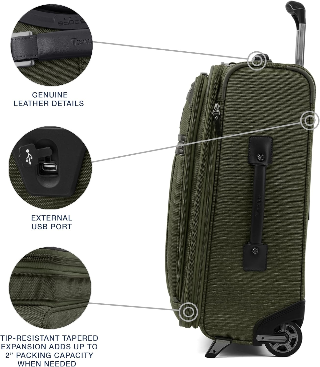 image:imageTravelpro Platinum Elite CarryOn Luggage Upright Grey 22Inch Expandable Softside With USB Port amp Multiple Organized Compartments for Men amp Women TravelersPilot Green