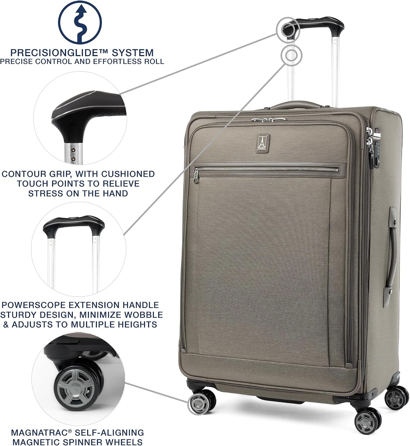 image:imageTravelpro Platinum Elite Softside Spinner Set Black 2Piece 2125 Includes CarryOn amp Medium Checked Suitcase Expandable Softside With USB Port 8 Spinner Wheels amp TSAApproved LockMetallic Sand