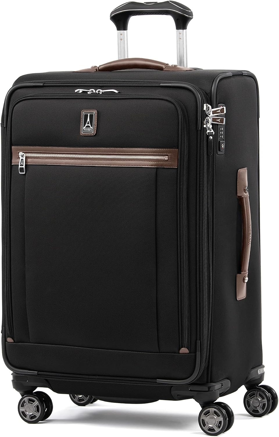 image:imageTravelpro Platinum Elite Softside Spinner Set Black 2Piece 2125 Includes CarryOn amp Medium Checked Suitcase Expandable Softside With USB Port 8 Spinner Wheels amp TSAApproved LockHeritage Black