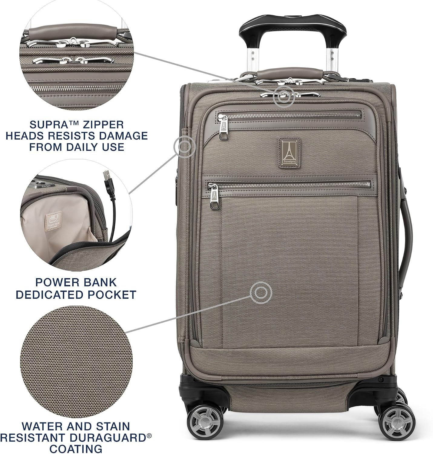image:imageTravelpro Platinum Elite Softside Spinner Set Black 2Piece 2125 Includes CarryOn amp Medium Checked Suitcase Expandable Softside With USB Port 8 Spinner Wheels amp TSAApproved LockMetallic Sand
