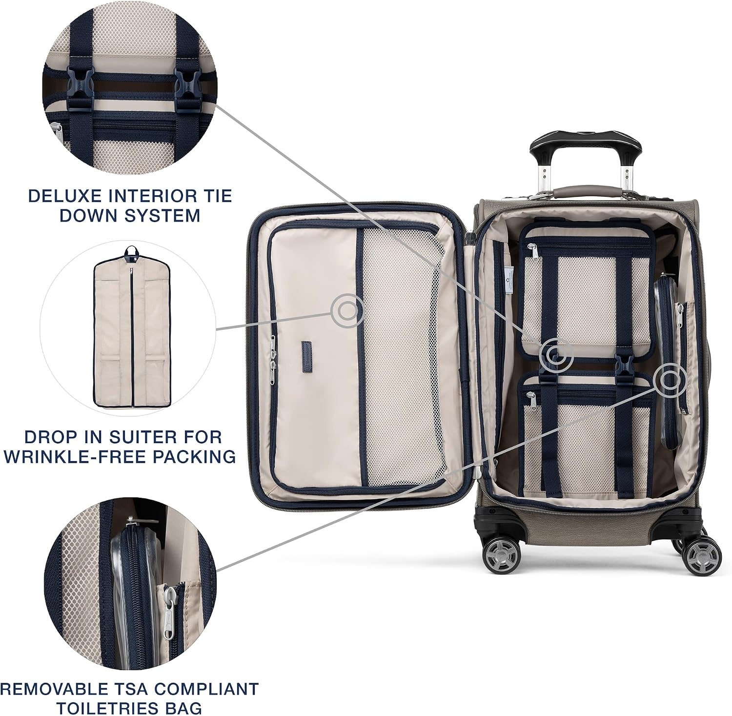 image:imageTravelpro Platinum Elite Softside Spinner Set Black 2Piece 2125 Includes CarryOn amp Medium Checked Suitcase Expandable Softside With USB Port 8 Spinner Wheels amp TSAApproved LockMetallic Sand