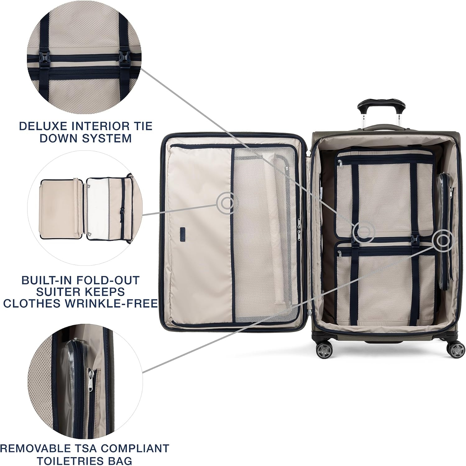 image:imageTravelpro Platinum Elite Softside Spinner Set Black 2Piece 2125 Includes CarryOn amp Medium Checked Suitcase Expandable Softside With USB Port 8 Spinner Wheels amp TSAApproved LockMetallic Sand