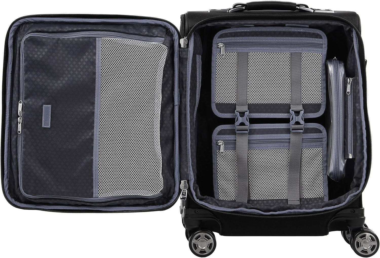 image:imageTravelpro Platinum Elite Softside Spinner Set Black 2Piece 2125 Includes CarryOn amp Medium Checked Suitcase Expandable Softside With USB Port 8 Spinner Wheels amp TSAApproved LockShadow Black