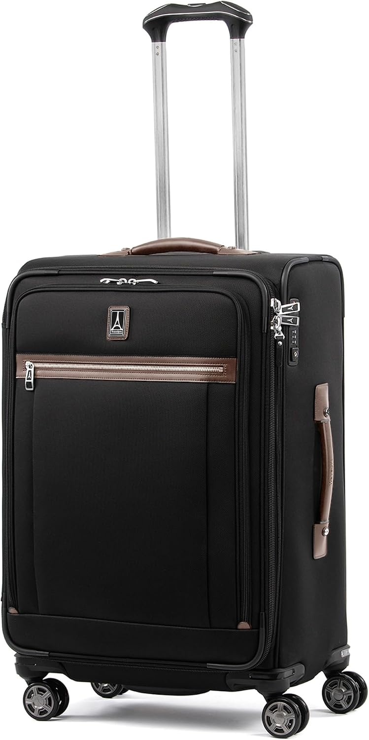 image:imageTravelpro Platinum Elite Softside Spinner Set Black 2Piece 2125 Includes CarryOn amp Medium Checked Suitcase Expandable Softside With USB Port 8 Spinner Wheels amp TSAApproved LockHeritage Black
