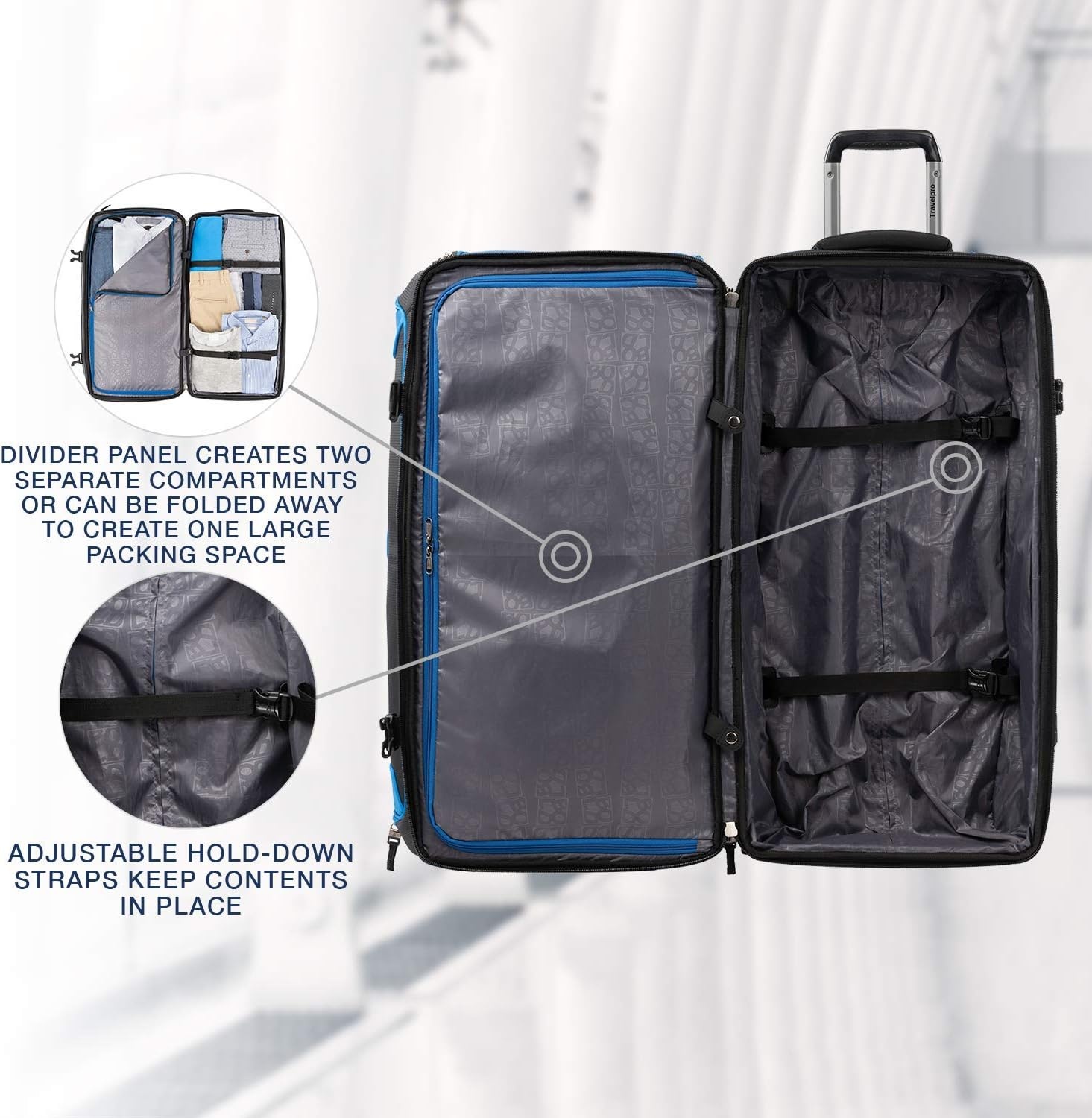 image:imageTravelpro Tpro Bold 20 30 Inch Drop Bottom Rolling DuffelBlueBlack