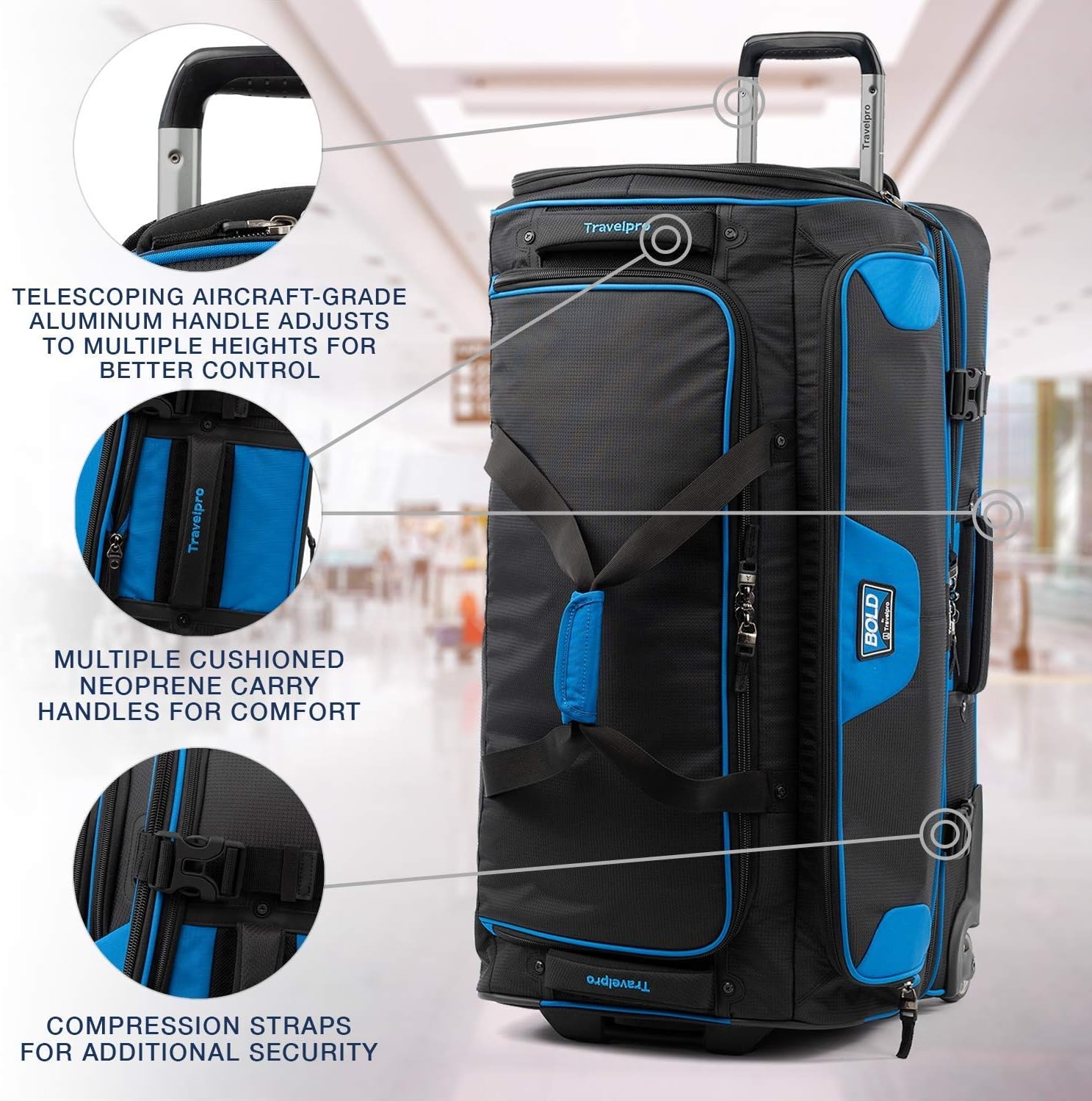 image:imageTravelpro Tpro Bold 20 30 Inch Drop Bottom Rolling DuffelBlueBlack