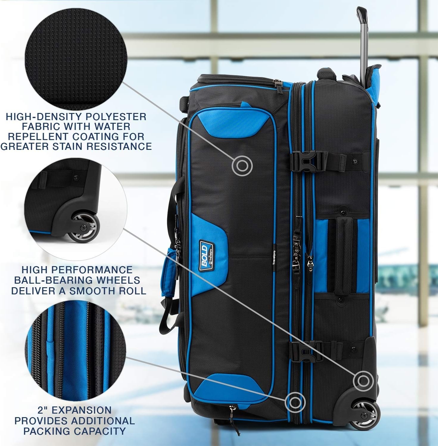 image:imageTravelpro Tpro Bold 20 30 Inch Drop Bottom Rolling DuffelBlueBlack