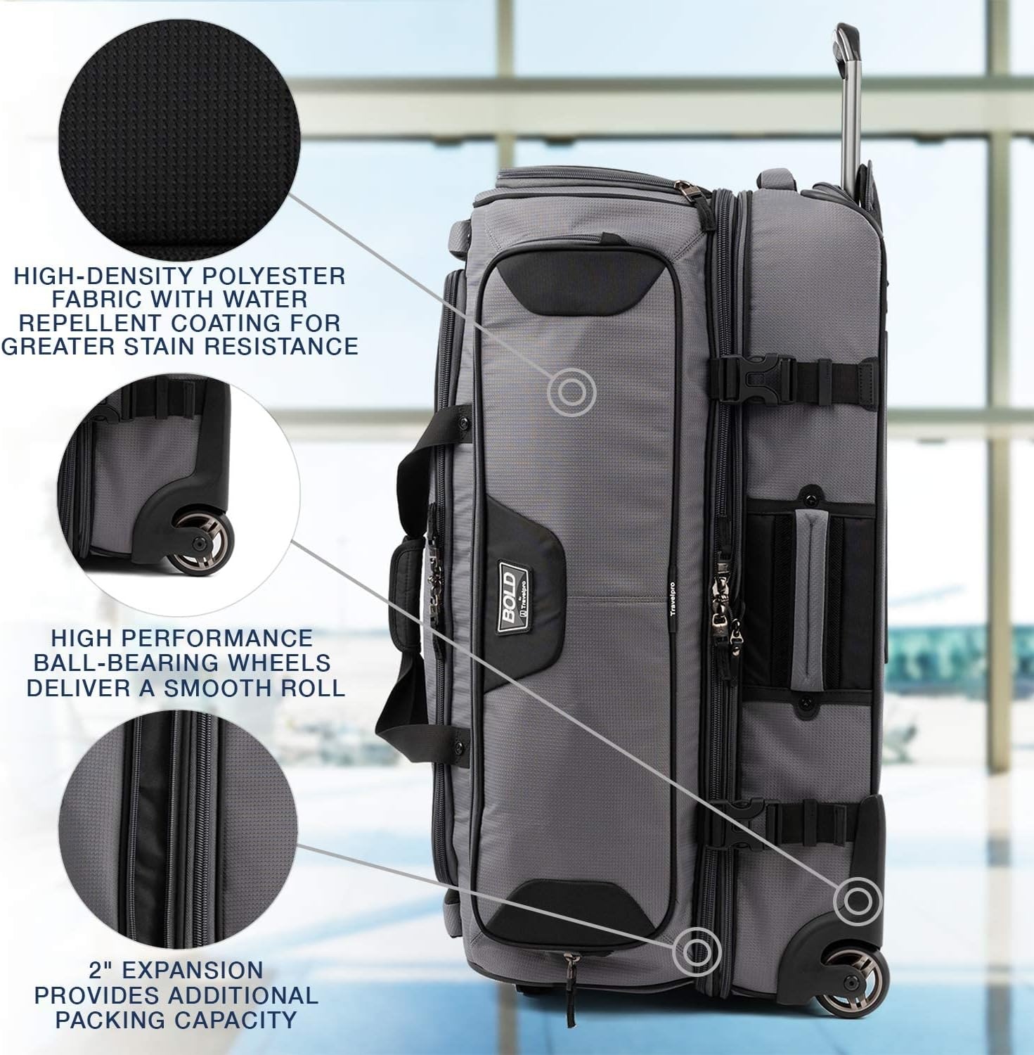 image:imageTravelpro Tpro Bold 20 30 Inch Drop Bottom Rolling DuffelGreyBlack