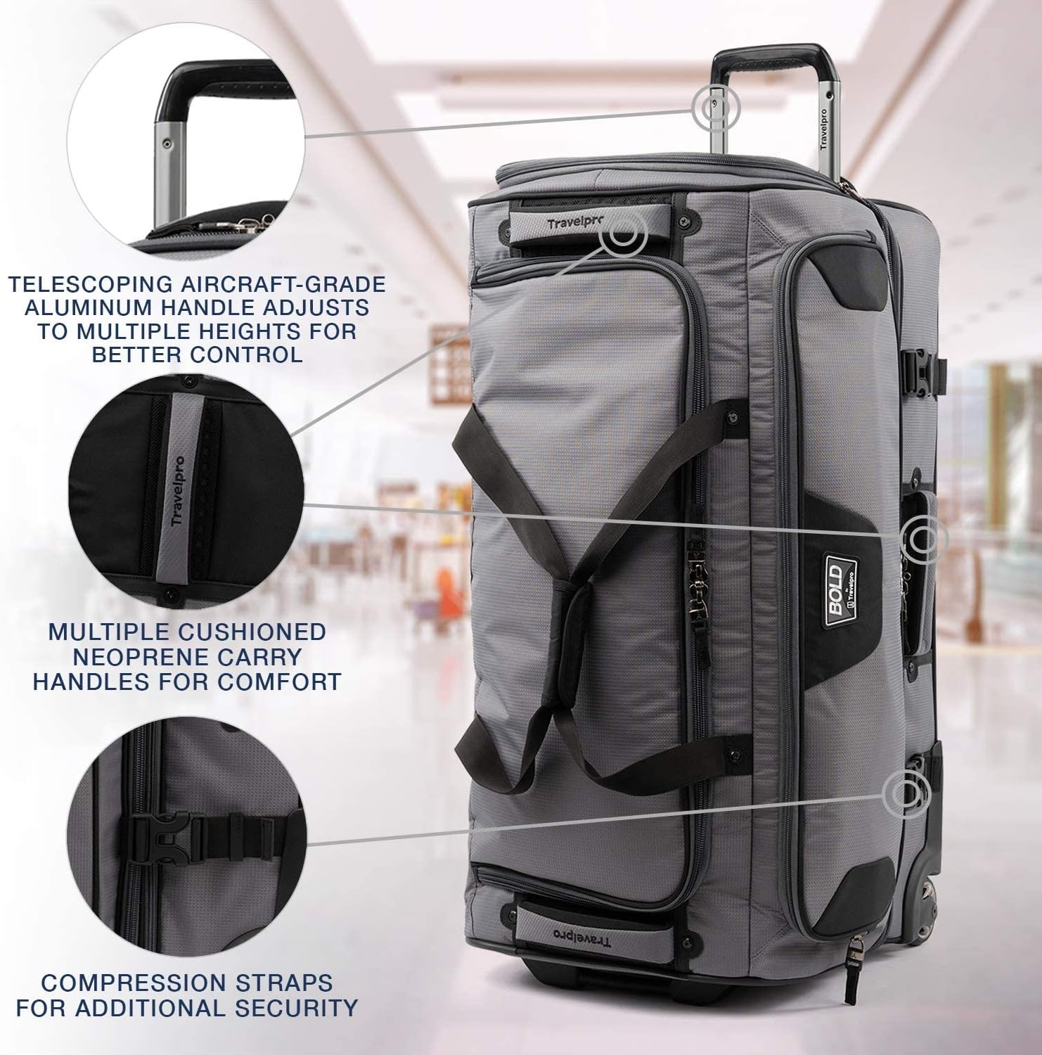 image:imageTravelpro Tpro Bold 20 30 Inch Drop Bottom Rolling DuffelGreyBlack