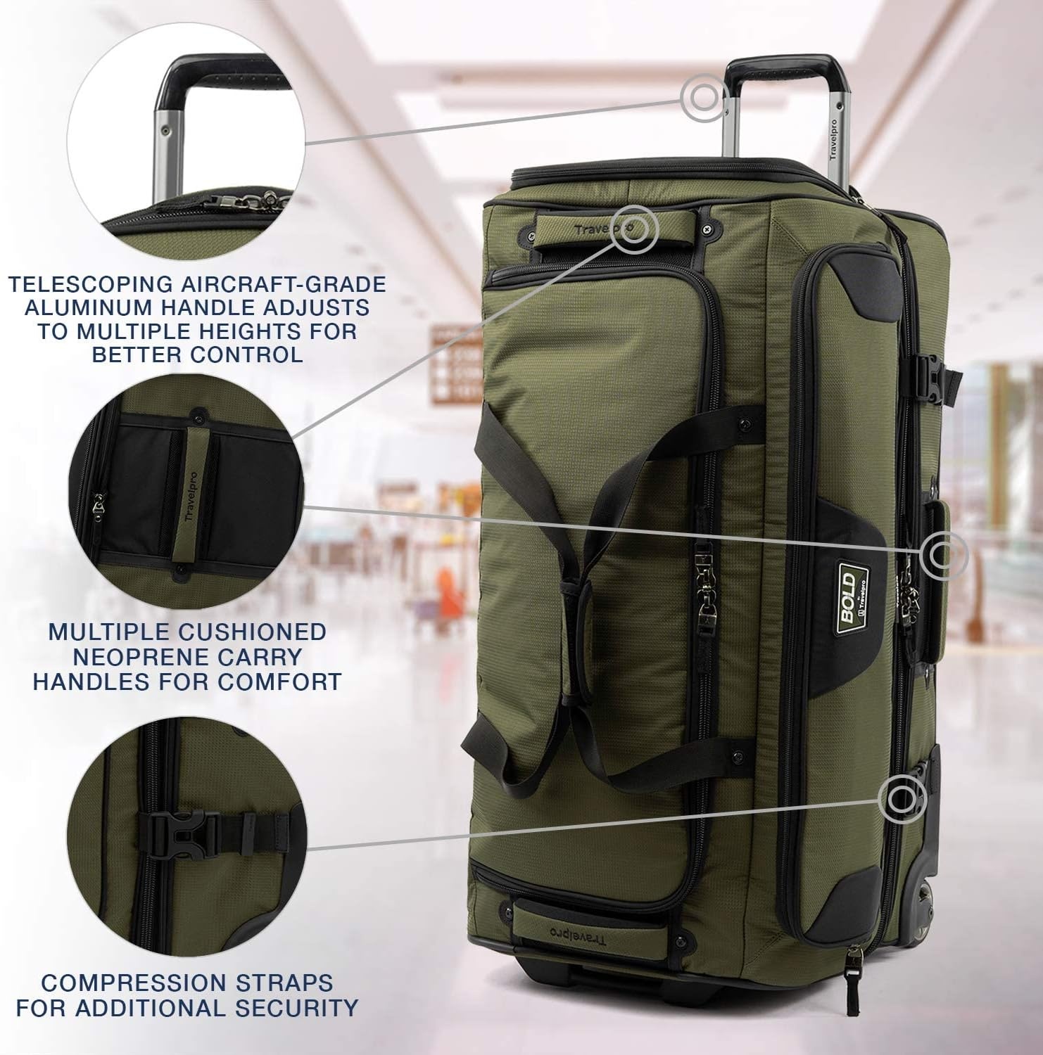 image:imageTravelpro Tpro Bold 20 30 Inch Drop Bottom Rolling DuffelOliveBlack