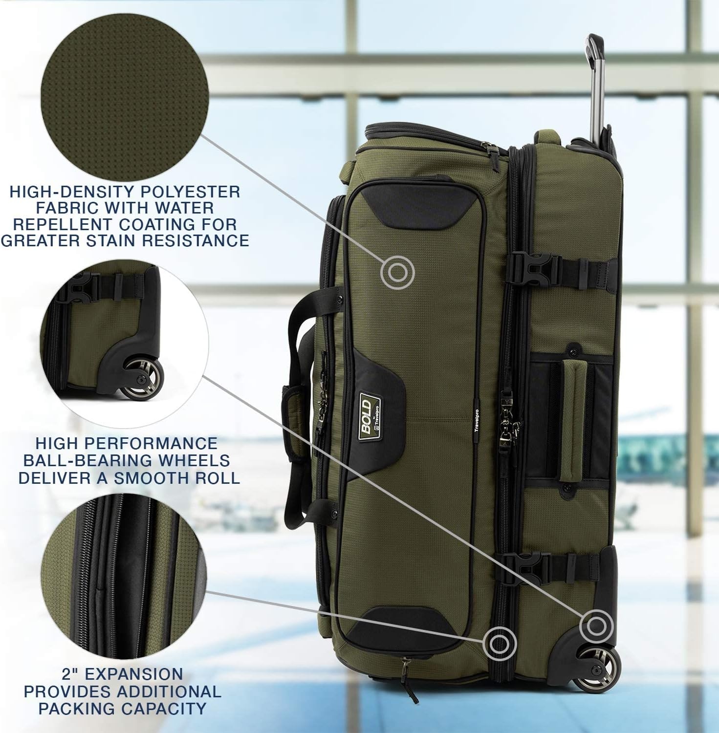 image:imageTravelpro Tpro Bold 20 30 Inch Drop Bottom Rolling DuffelOliveBlack