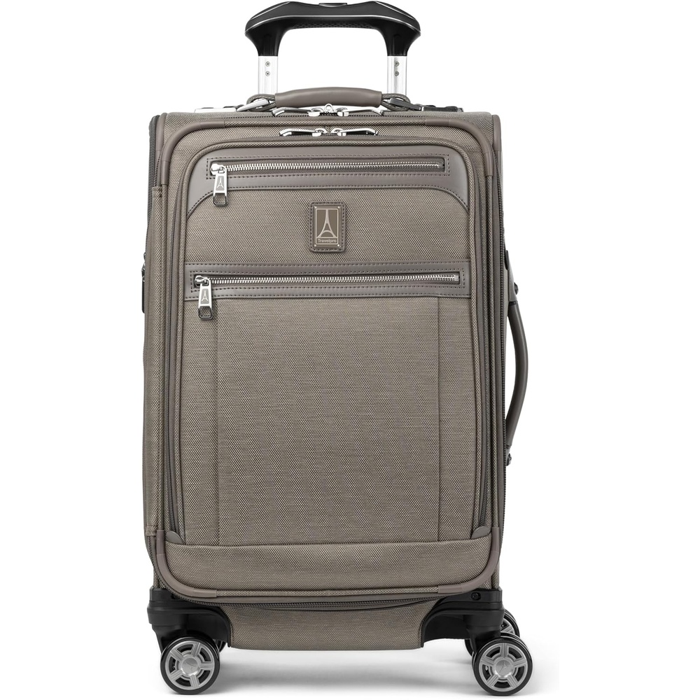 image:imageTravelpro Platinum Elite Softside Spinner Set Black 2Piece 2125 Includes CarryOn amp Medium Checked Suitcase Expandable Softside With USB Port 8 Spinner Wheels amp TSAApproved LockMetallic Sand