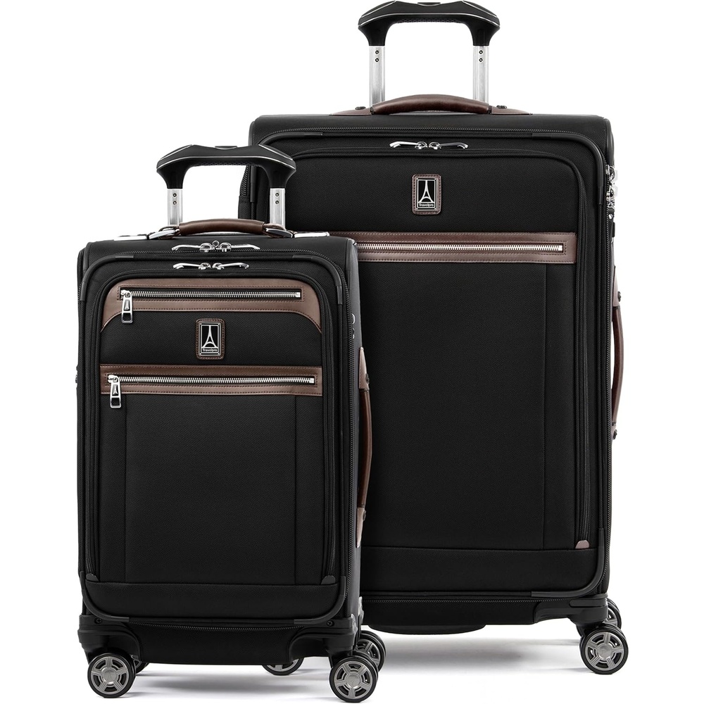 image:imageTravelpro Platinum Elite Softside Spinner Set Black 2Piece 2125 Includes CarryOn amp Medium Checked Suitcase Expandable Softside With USB Port 8 Spinner Wheels amp TSAApproved LockHeritage Black
